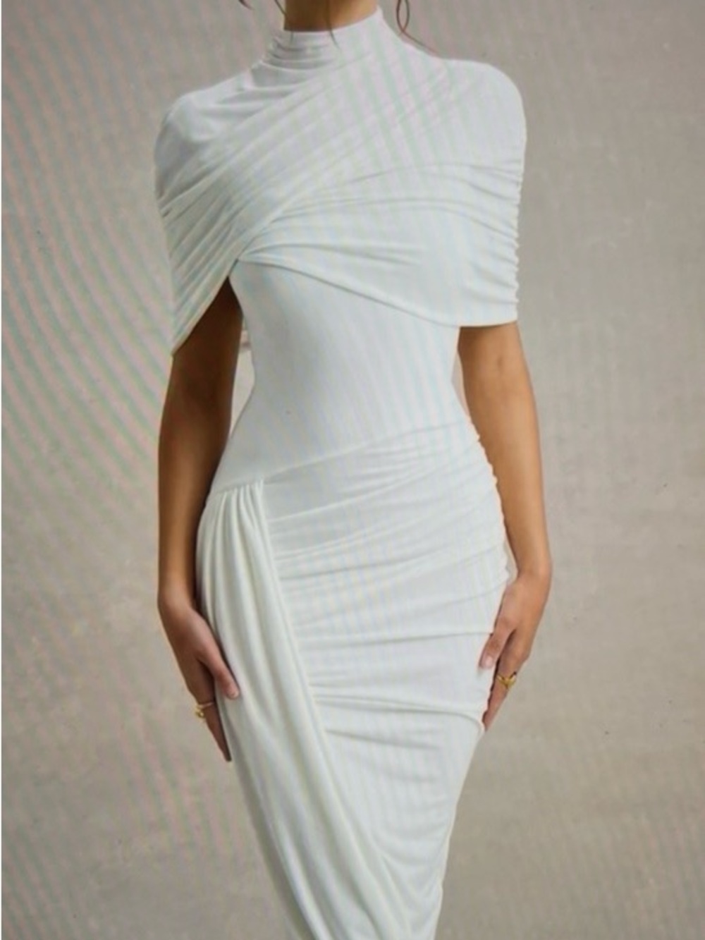 One-Shoulder White Draped Midi Dress